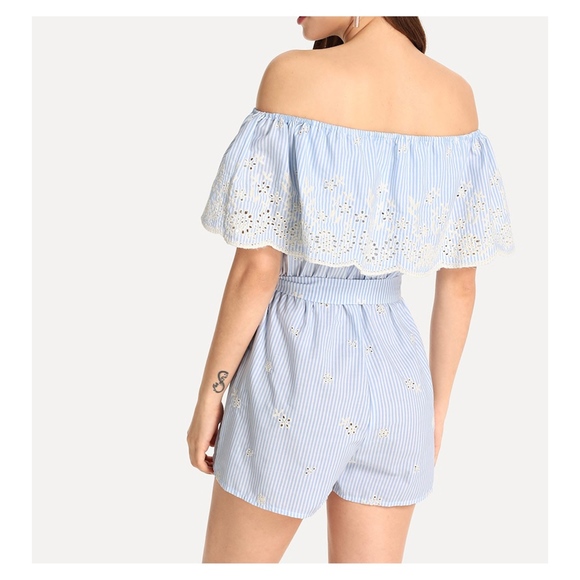 Blue Striped Off the Shoulder Embroidered Romper - Picture 2 of 5